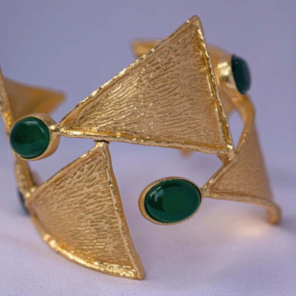 NEW! Gold Statement Bracelet Cuff in Green Onyx ~ Brass Handmade jewelry ~ Gold - Picture 2 of 11